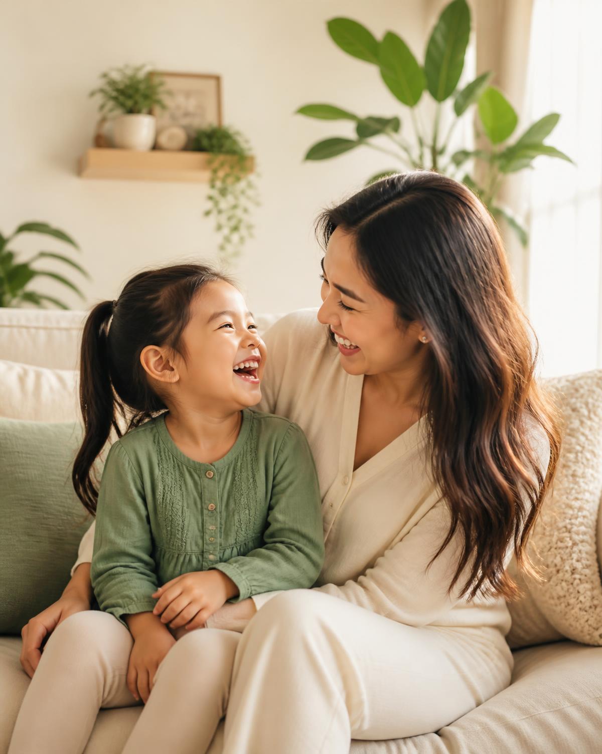 A mother and her preschool-aged child laughing together in a sunlit living room